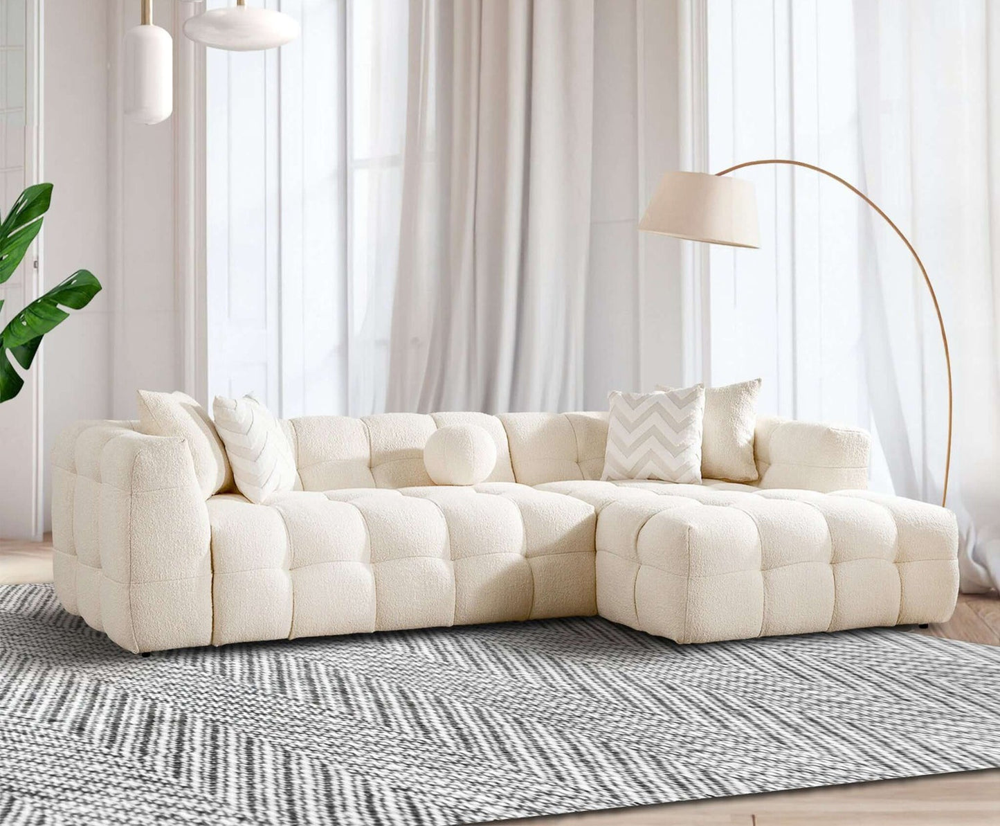 Alana 115" Tufted Ivory Boucle Right Sectional Sofa