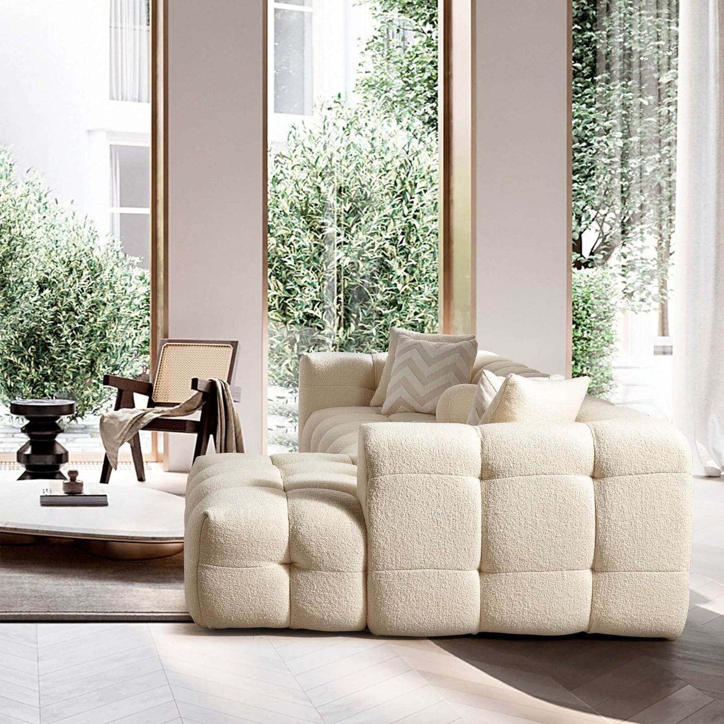 Alana 115" Tufted Ivory Boucle Right Sectional Sofa