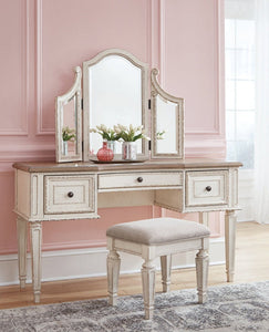 Realyn Two-tone Vanity and Mirror with Stool