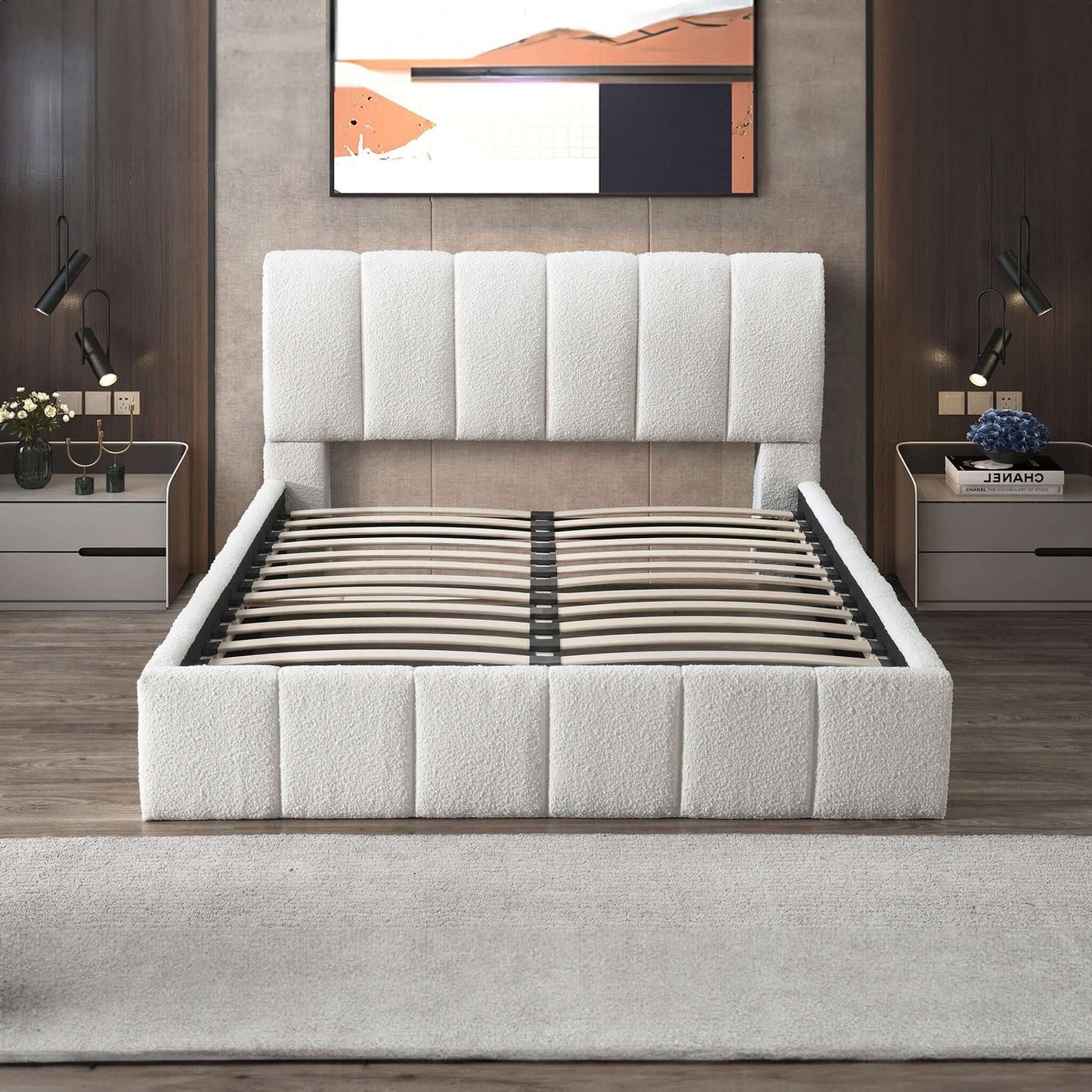 Hilar Mid-Century Modern White Boucle Queen Platform Bed