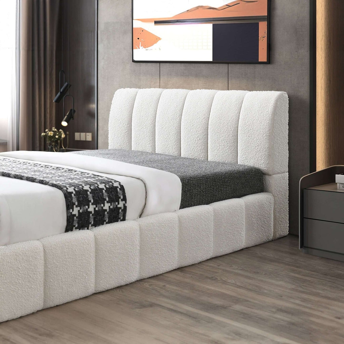 Hilar Mid-Century Modern White Boucle Queen Platform Bed