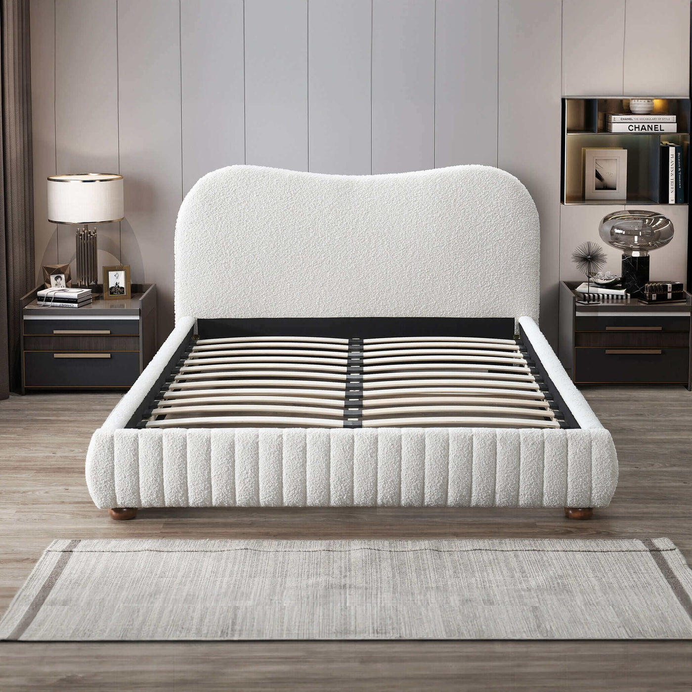 Norme Cream Boucle Upholstered Low Profile Queen Size Platform Bed