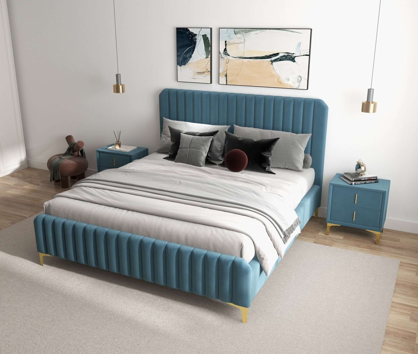 Bethany Sea Blue Velvet Upholstered  Queen Platform Bed