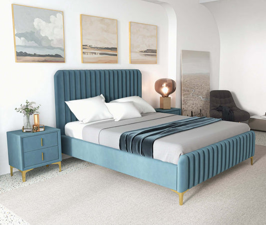 Bethany Sea Blue Velvet Upholstered  Queen Platform Bed