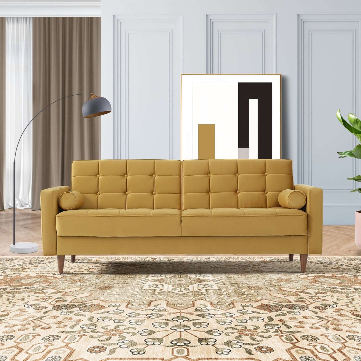 Baneton Mid-Century Modern Yellow Velvet Sleeper Sofa