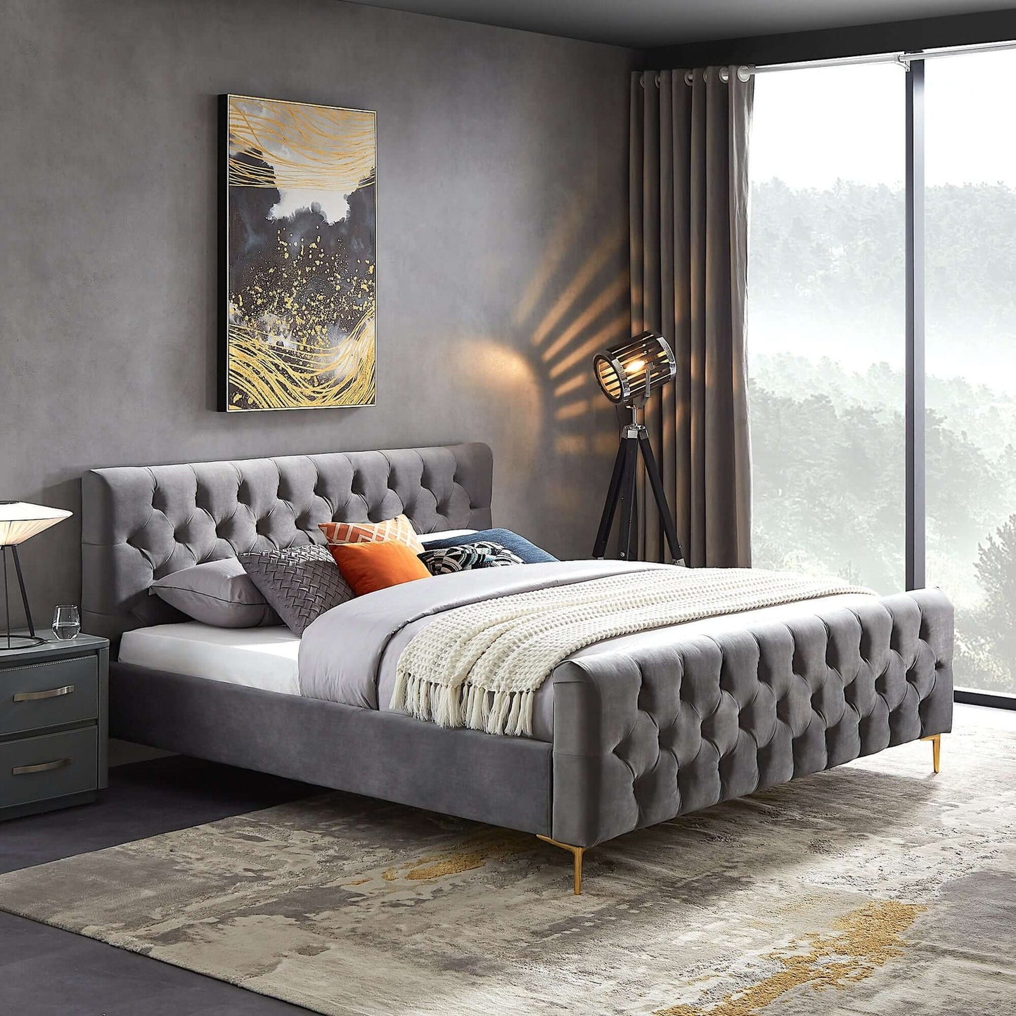 Bailey Grey Velvet Upholstered King Platform Bed