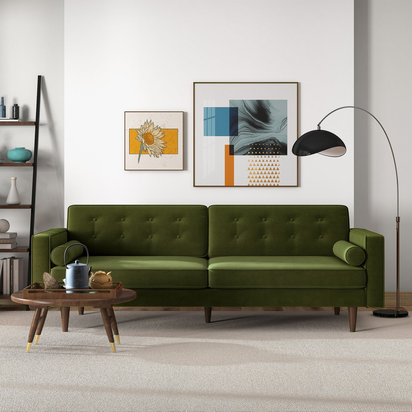 Casey 84" Mid-Century Modern Green Velvet Sofa