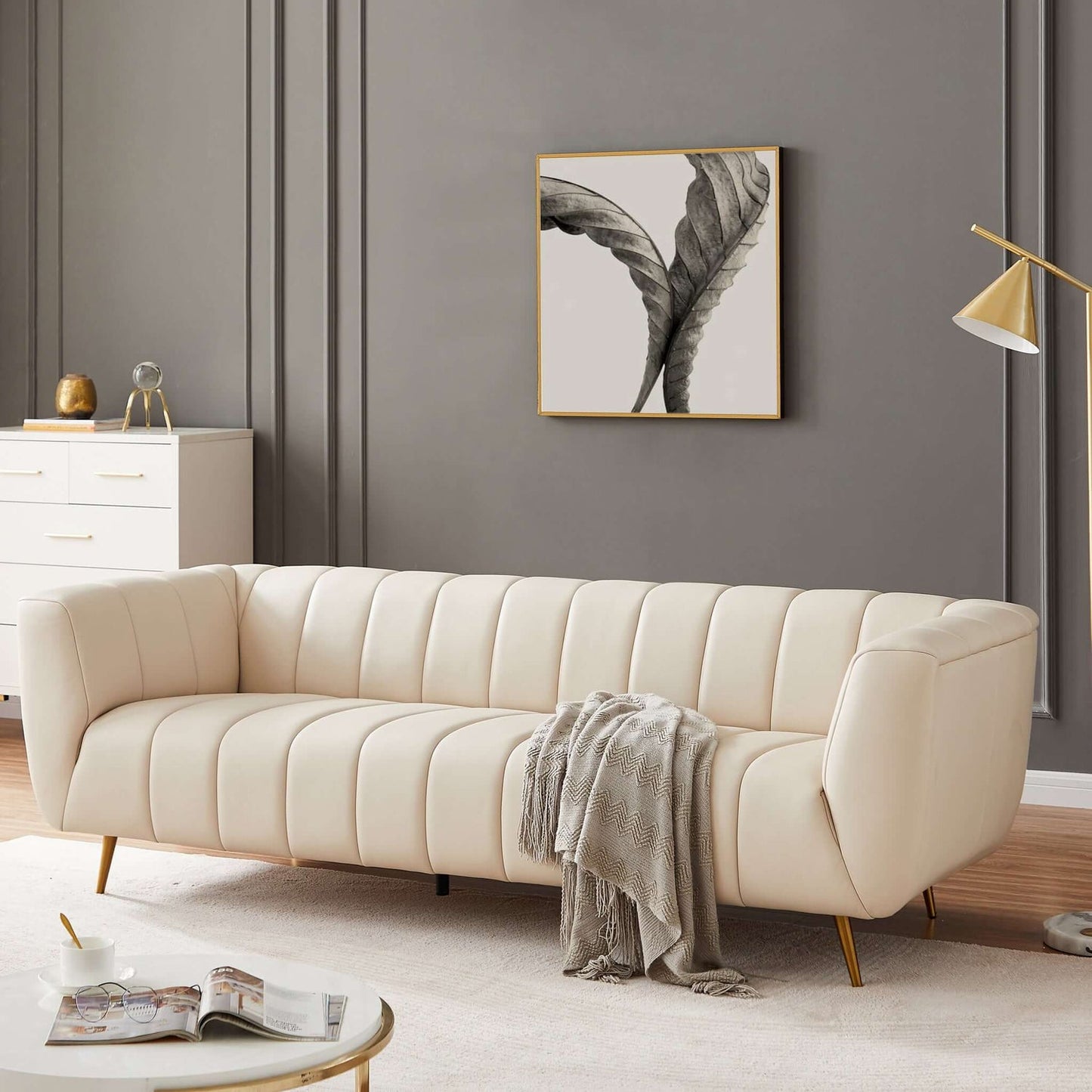 LaMattina Cream Genuine Italian Leather Channel Tufted Sofa