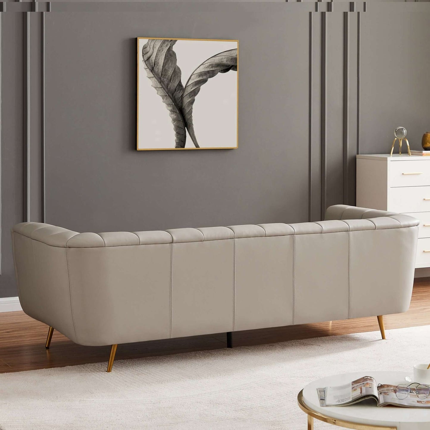 LaMattina Grey Genuine Italian Leather Channel Tufted Sofa