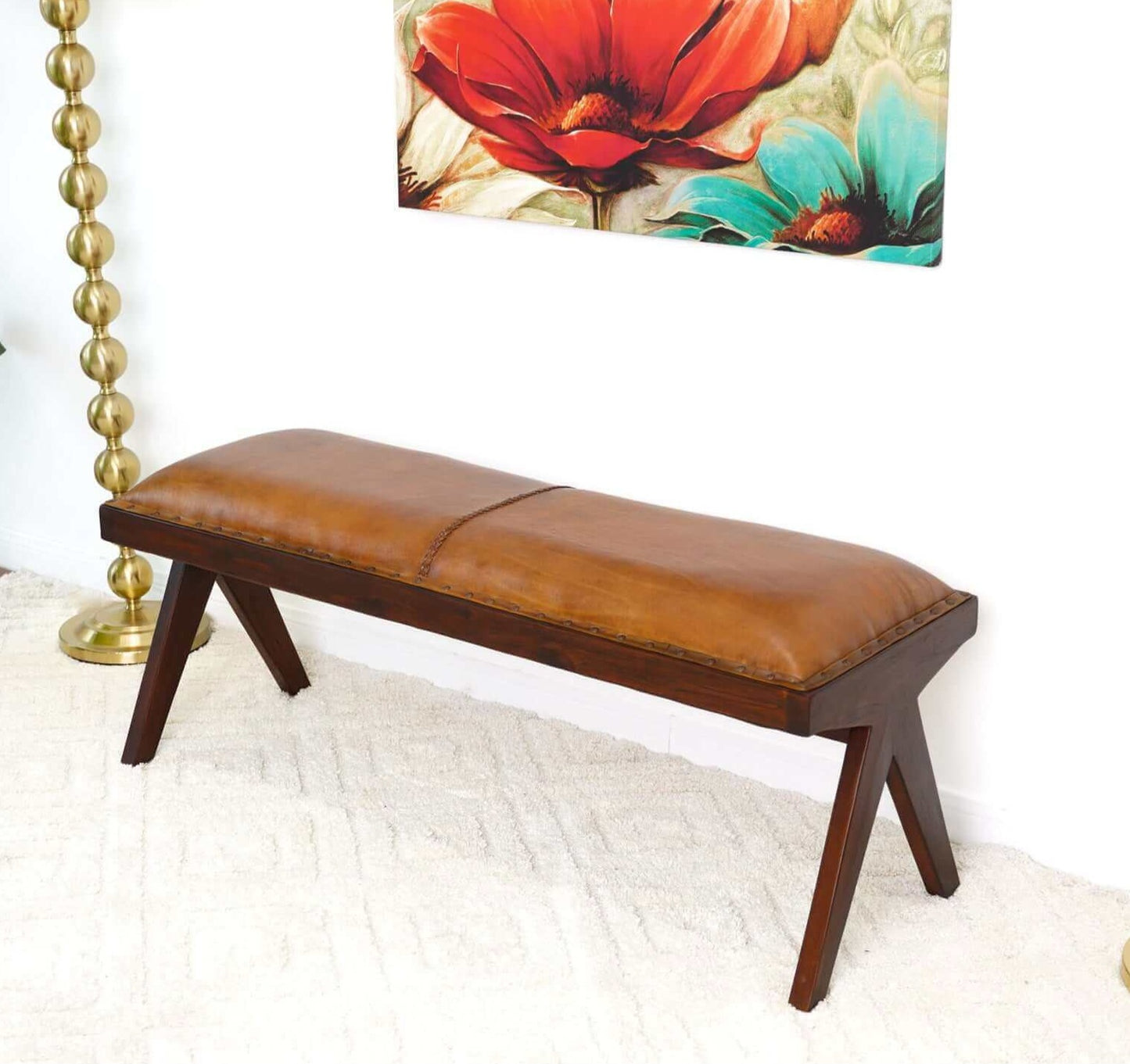 Chad Mid Century Modern Tan Leather Bench