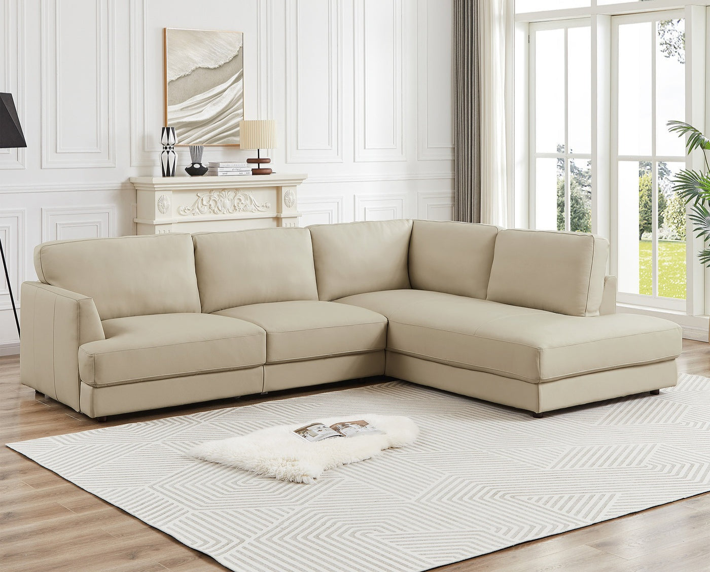 Glander 108" Cream Leather Sectional Sofa Right Facing