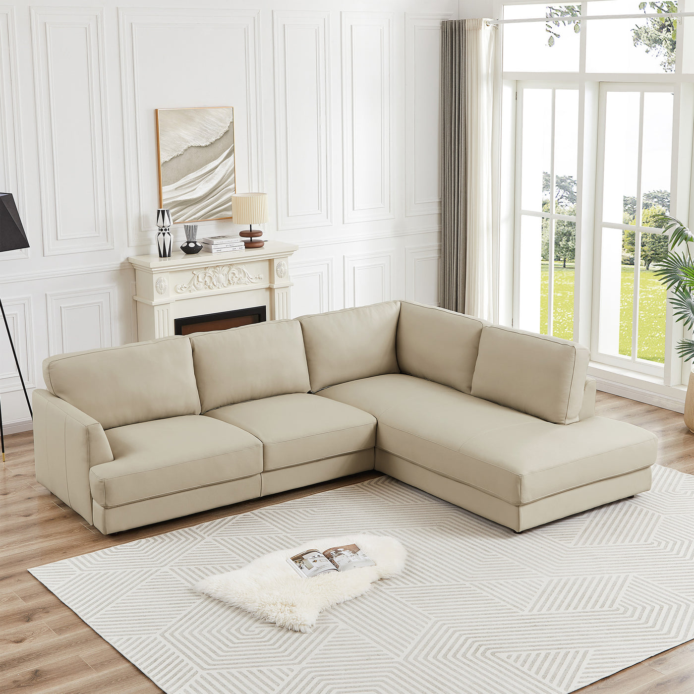 Glander 108" Cream Leather Sectional Sofa Right Facing