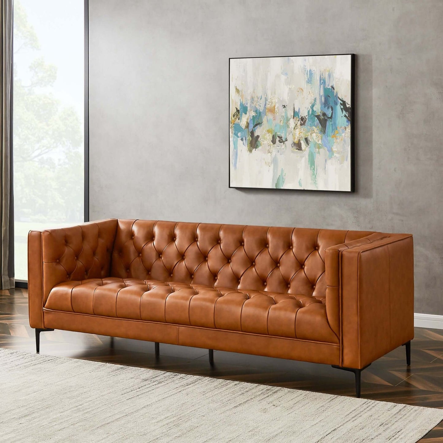 Evelyn 88" Cognac Leather Luxury Chesterfield Sofa