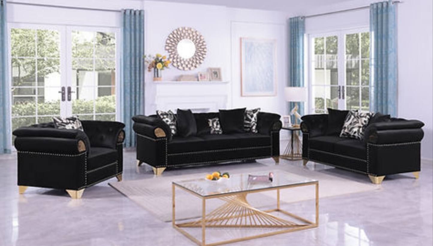 Emma Black Velvet Sofa and Loveseat S3600
