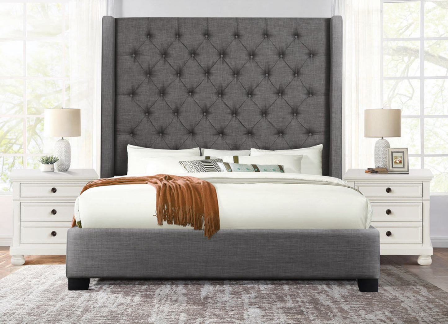 Franco Dark Grey Velvet Queen Upholstered Bed SH229