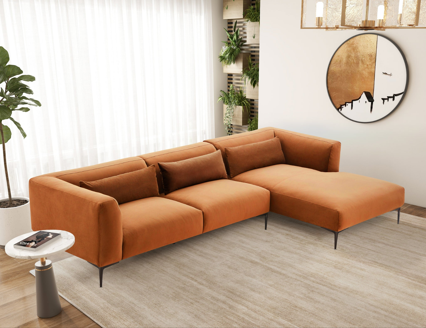 Laley Right-Facing L-Shaped Velvet Sectional in Burnt Orange