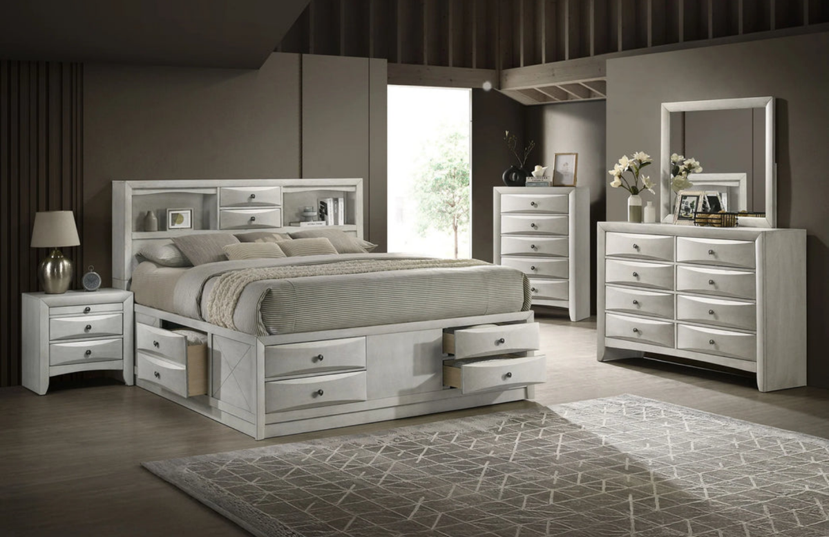 Emily　3セット Emily White Storage Platform Bedroom Set | B4255 – Harwin Furniture