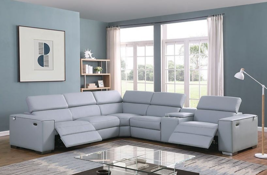 Picasso Light Blue 2-POWER  Leather Match 6pc Sectional  MI631