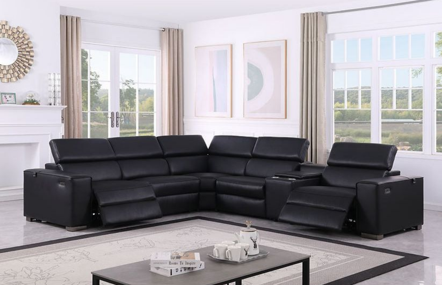 Picasso Black 2-POWER  Leather Match 6pc Sectional  MI631