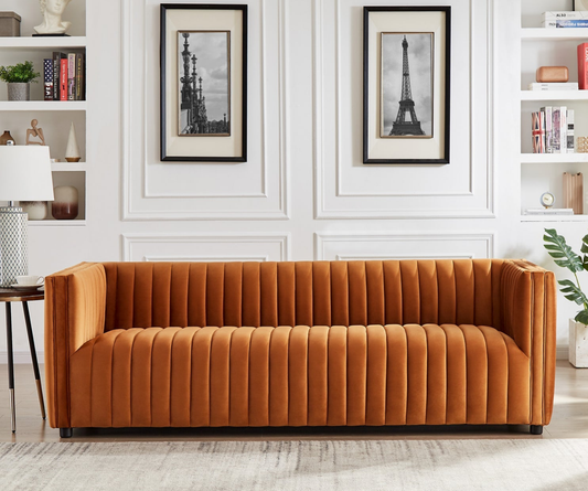 Dominic Channel Tufted Orange Velvet Sofa