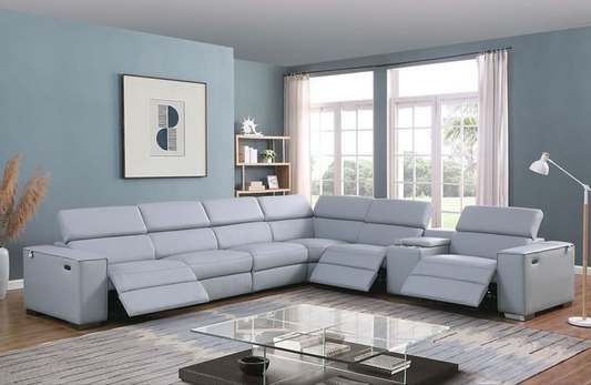 Picasso Light Blue 3-POWER  Leather Match 6pc Sectional  MI631