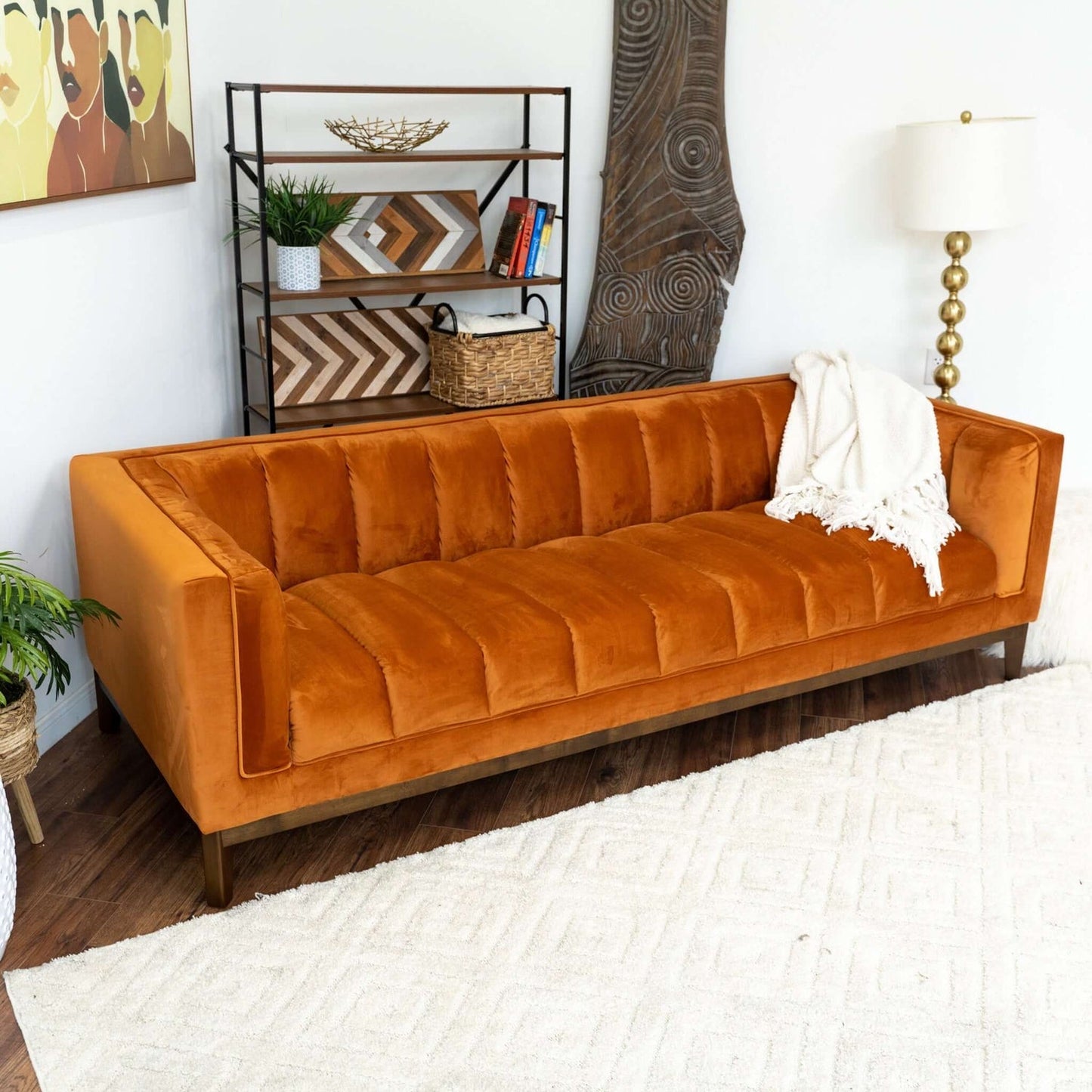 Melissa 91" Mid-Century Modern Orange Velvet Sofa