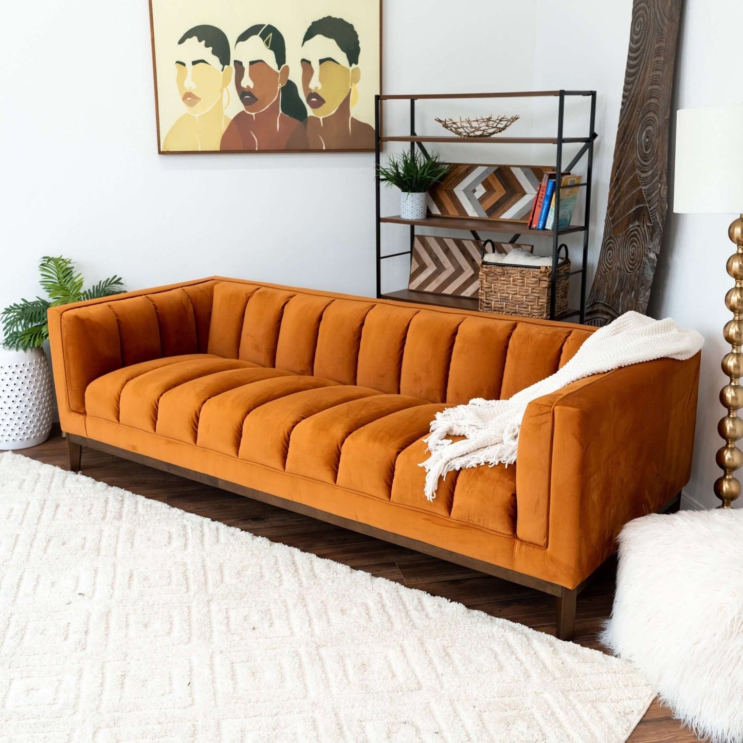 Melissa 91" Mid-Century Modern Orange Velvet Sofa