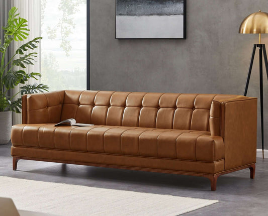 Mara Mid-Century Modern Tufted Cognac Leather Sofa