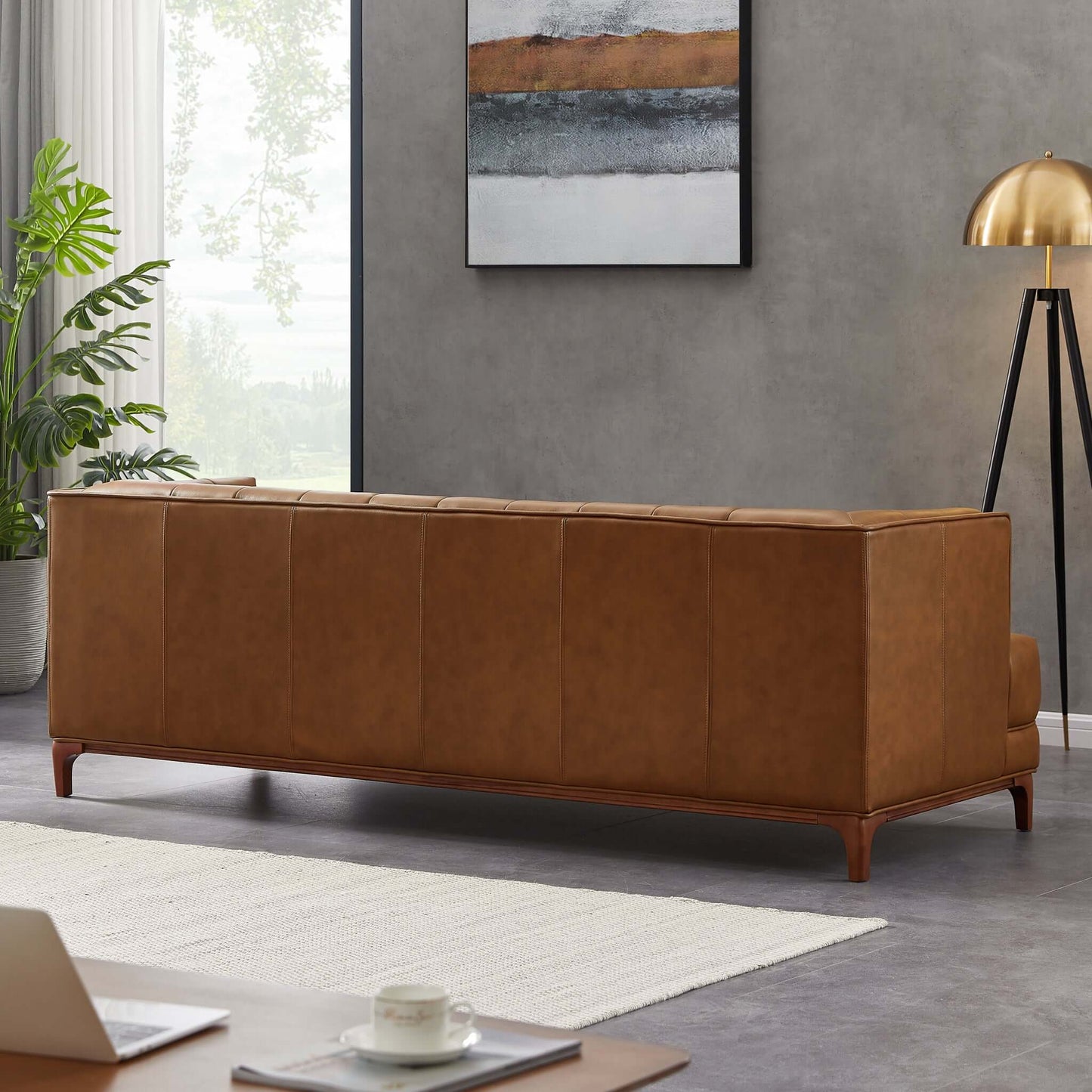 Mara Mid-Century Modern Tufted Cognac Leather Sofa