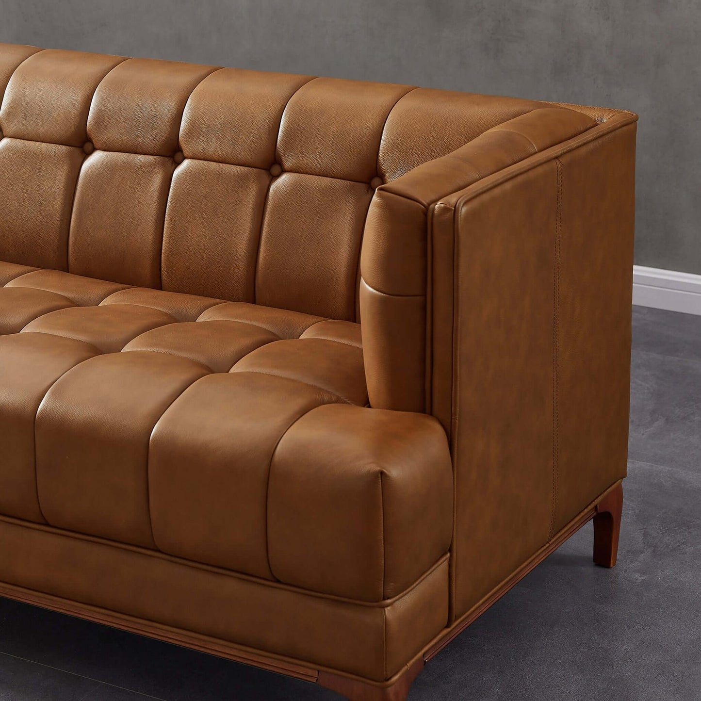 Mara Mid-Century Modern Tufted Cognac Leather Sofa