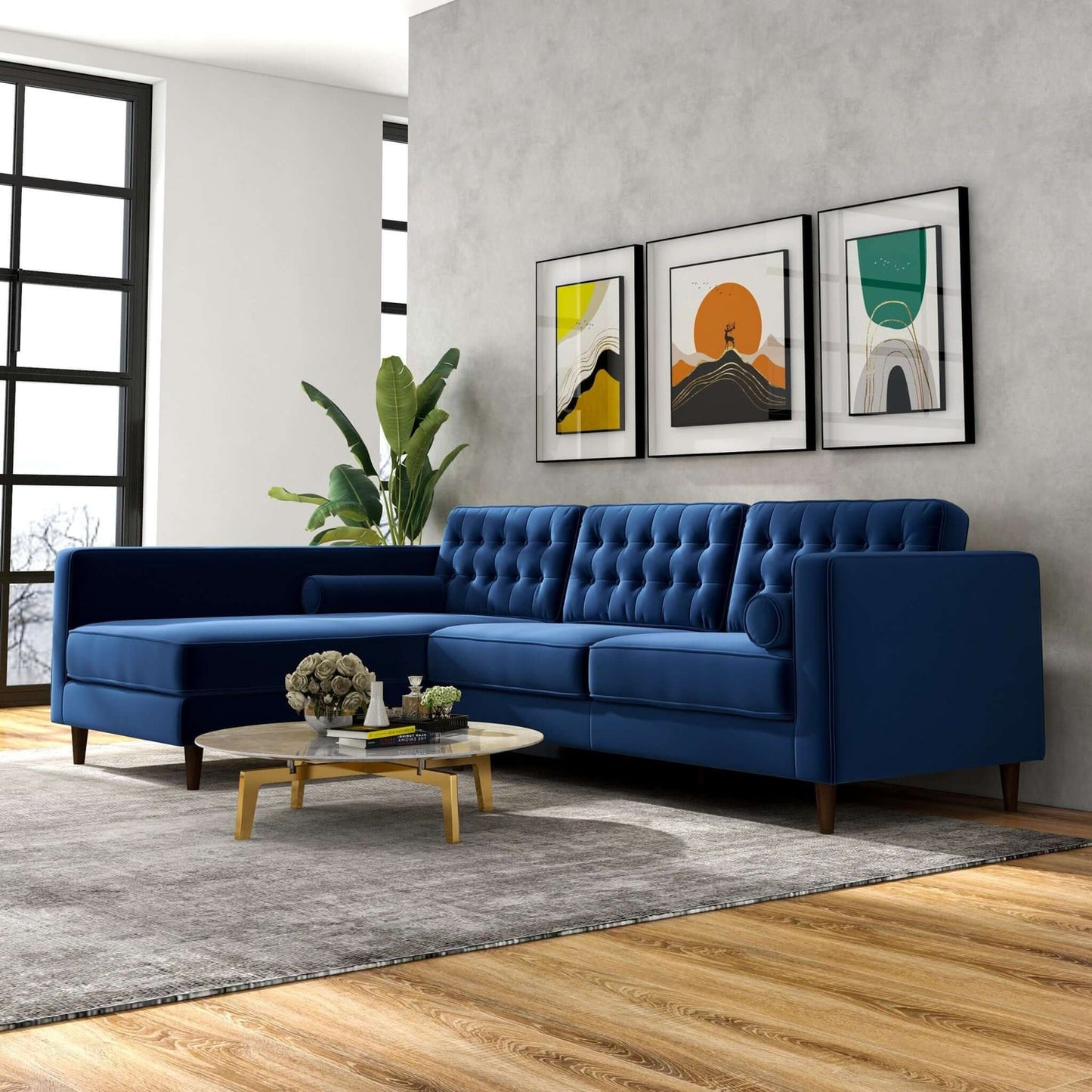 Christian 103" Mid-Century Modern Navy Velvet Sectional