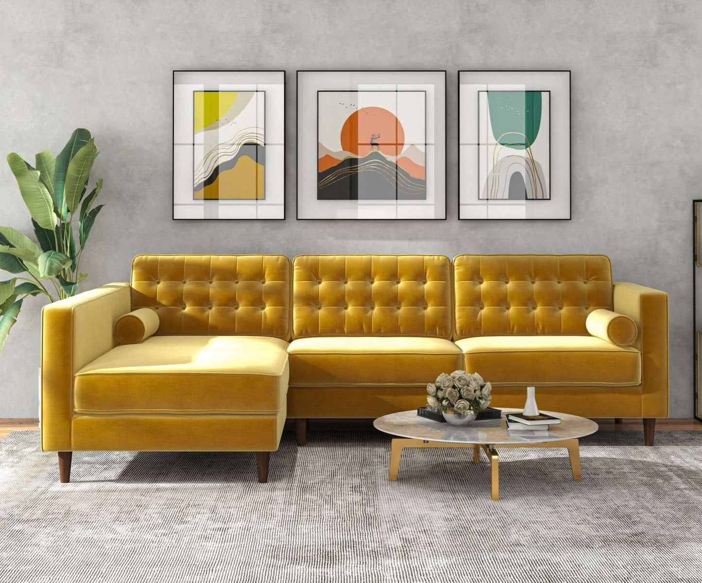 Christian 103" Mid-Century Modern Yellow Velvet Sectional