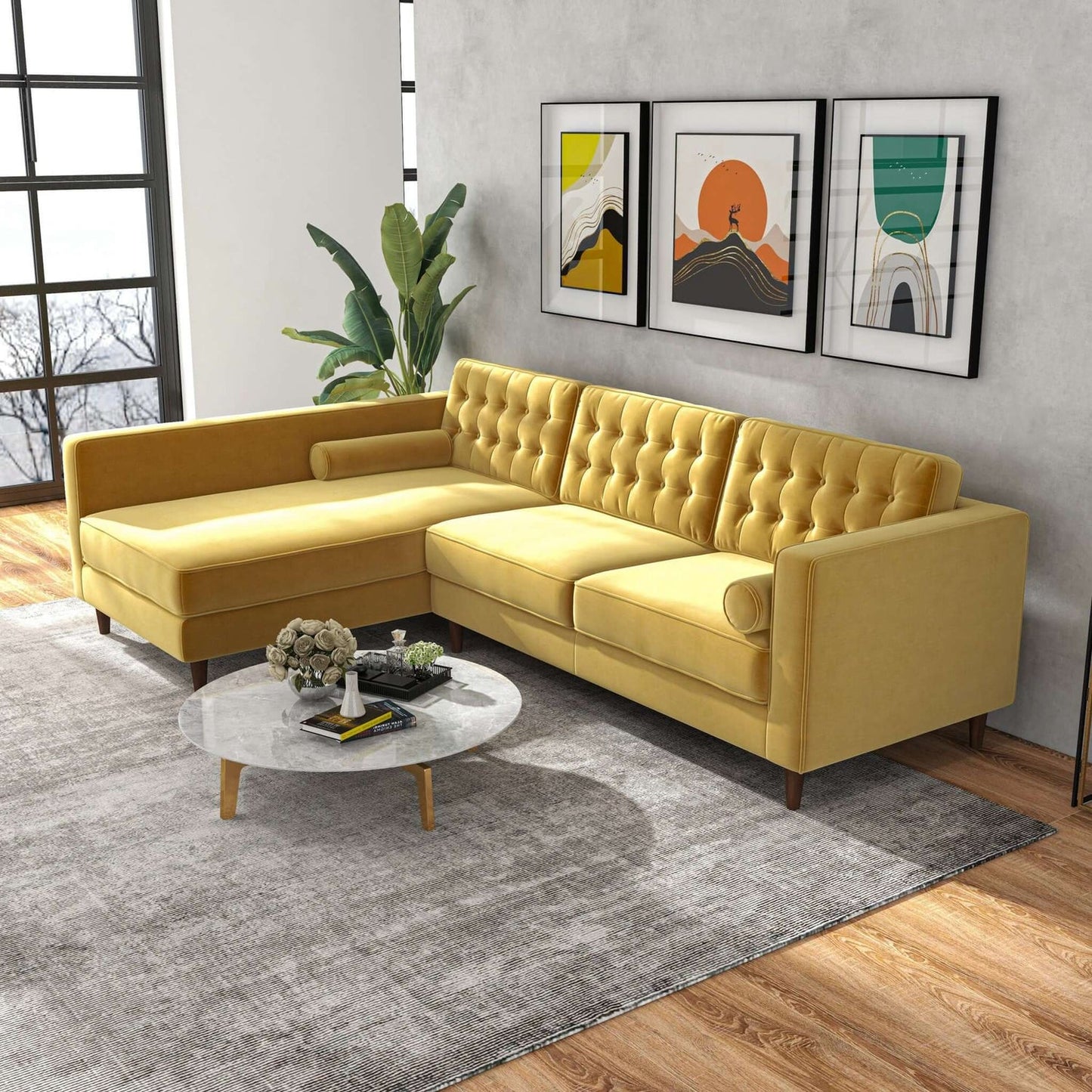 Christian 103" Mid-Century Modern Yellow Velvet Sectional