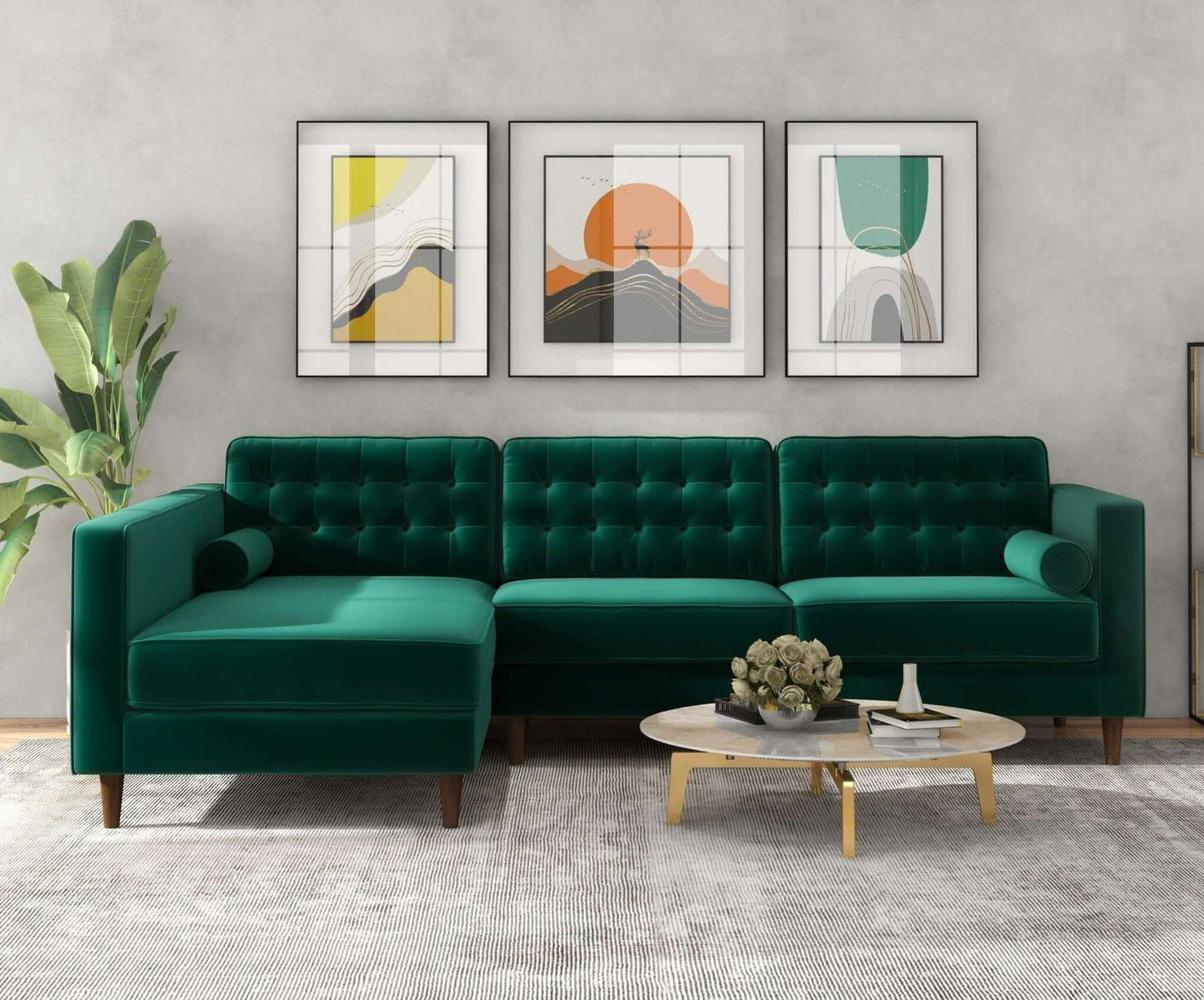 Christian 103" Mid-Century Modern Green Velvet Sectional