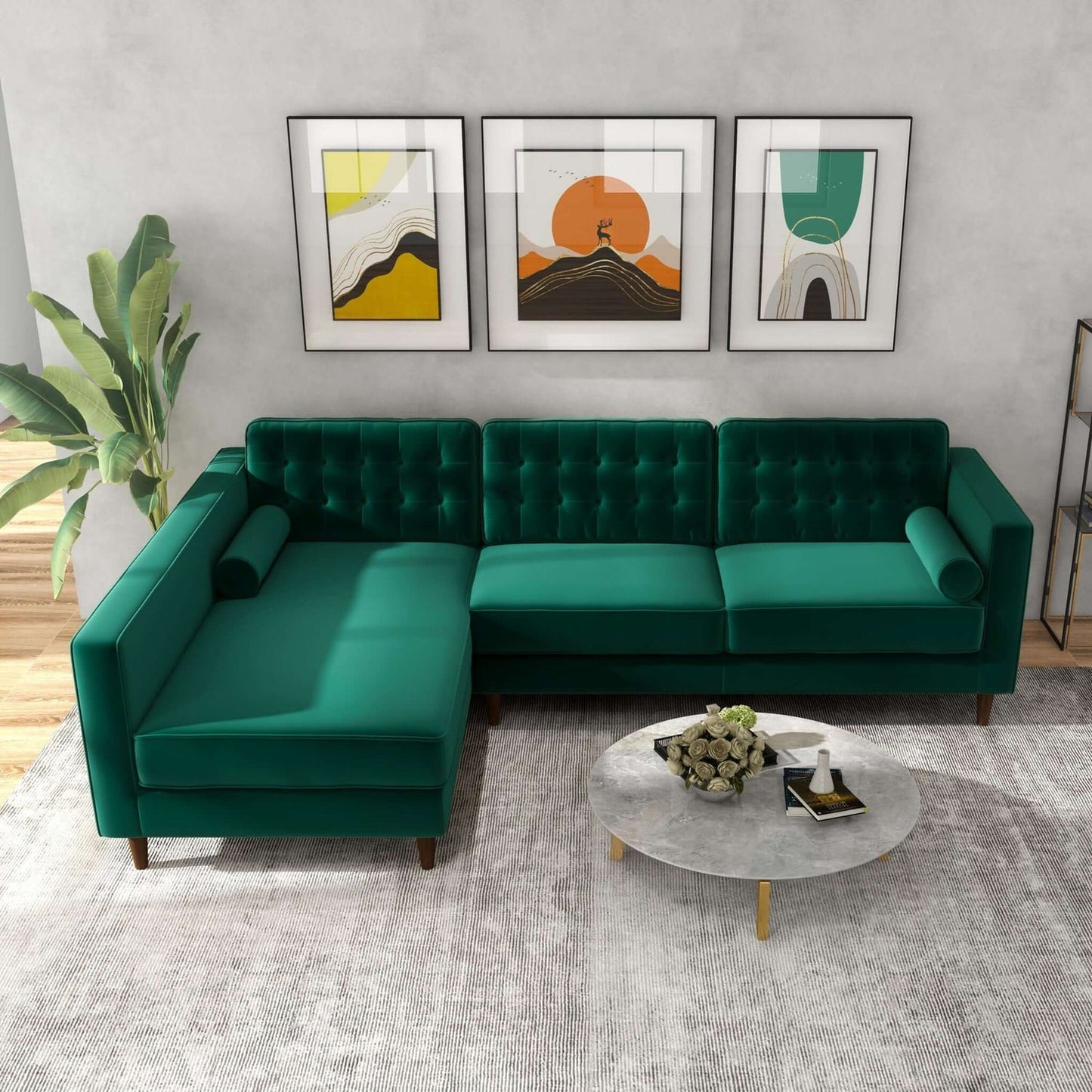 Christian 103" Mid-Century Modern Green Velvet Sectional