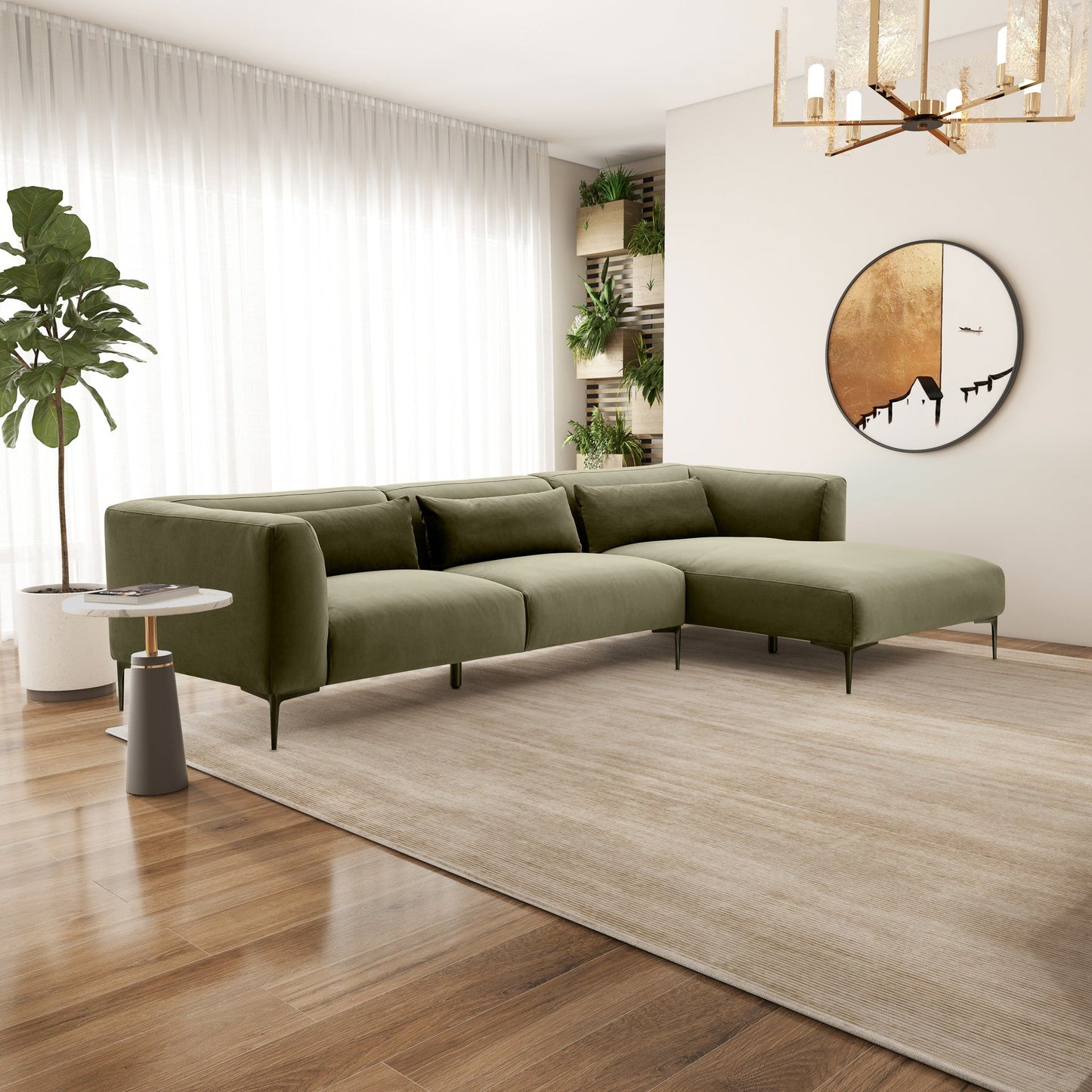 Laley Right-Facing L-Shaped Velvet Sectional in Green