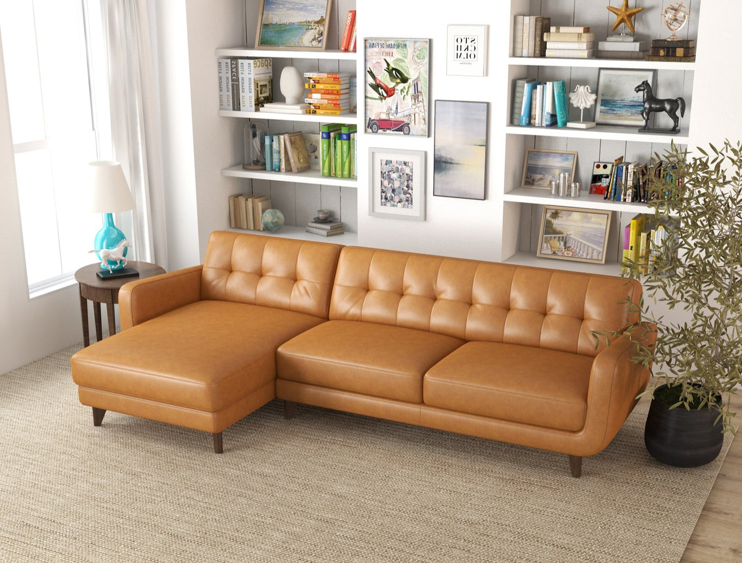 Allison Mid-Century Modern Tan Leather Sectional