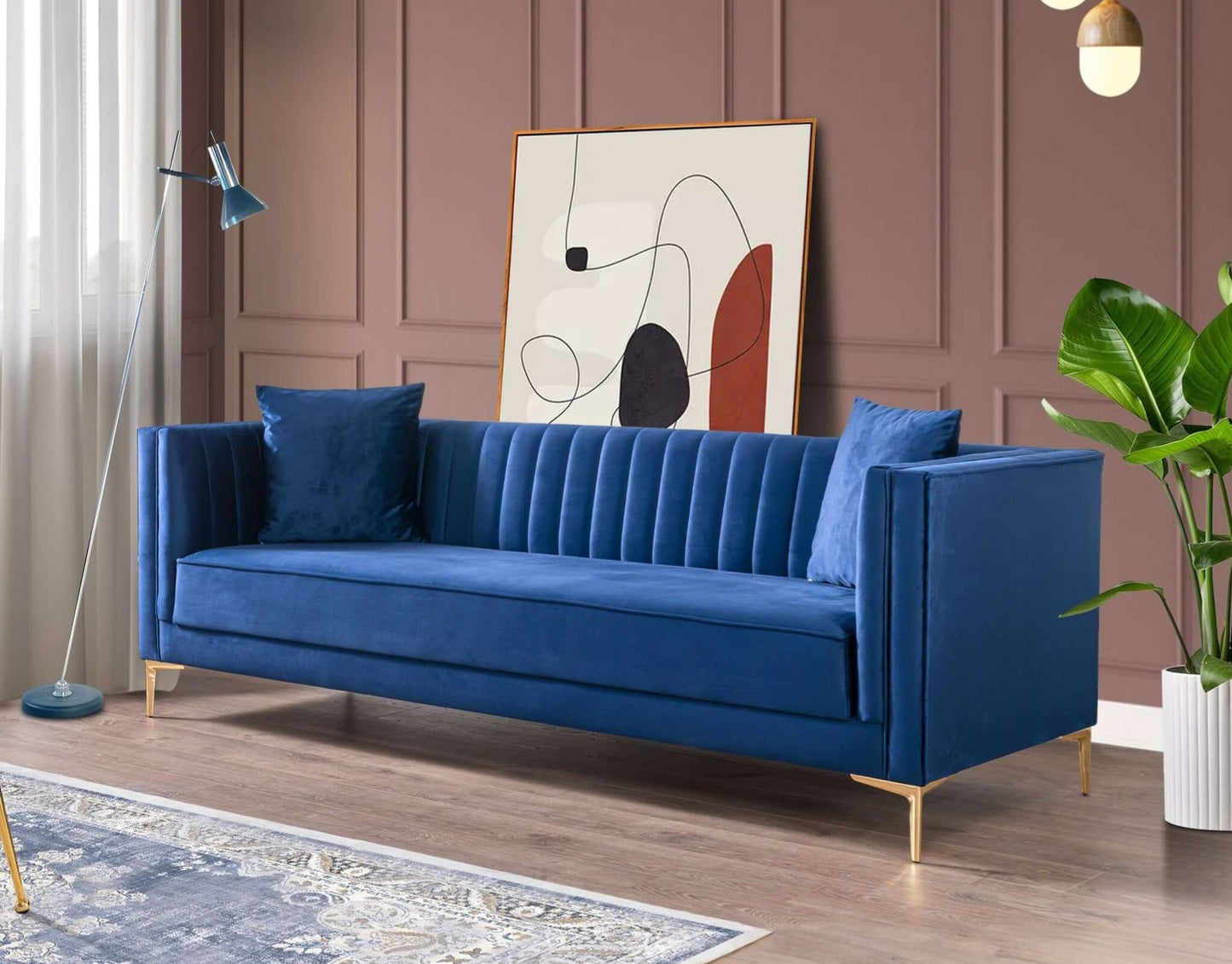 Angelina 84" Mid-Century Modern Dark Blue Velvet Tufted Sofa