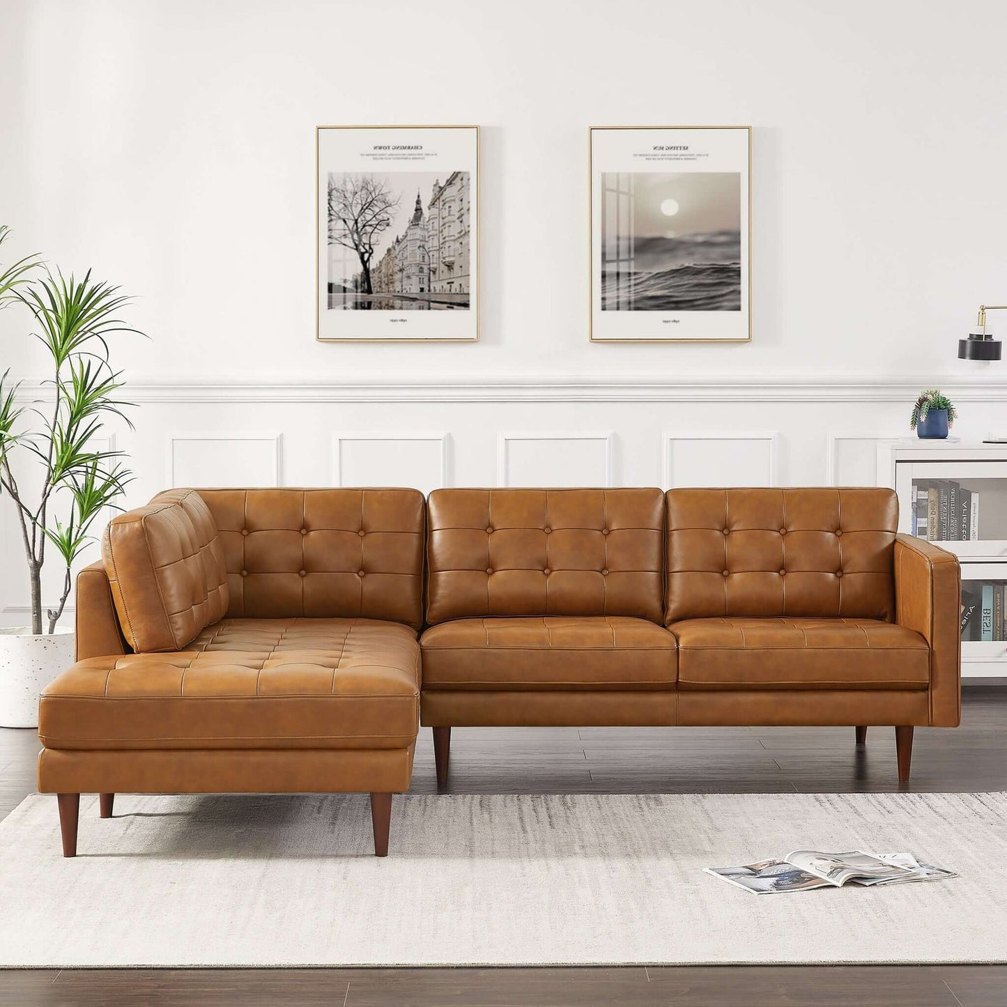 Lucco Cognac Modern L-Shaped Genuine Leather LAF Sectional