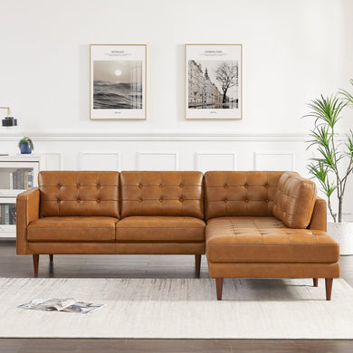 Lucco Cognac Modern L-Shaped Genuine Leather Sectional
