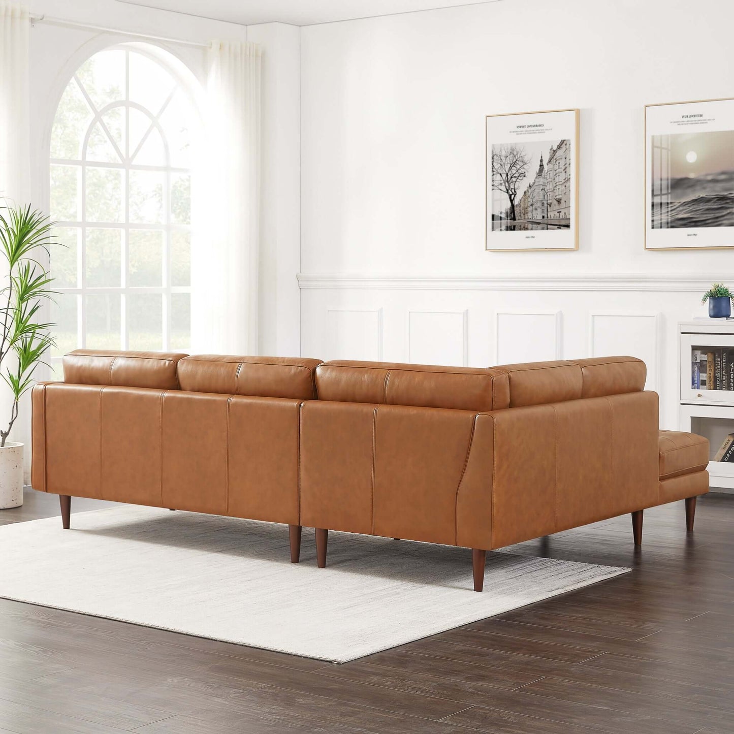 Lucco Cognac Modern L-Shaped Genuine Leather LAF Sectional