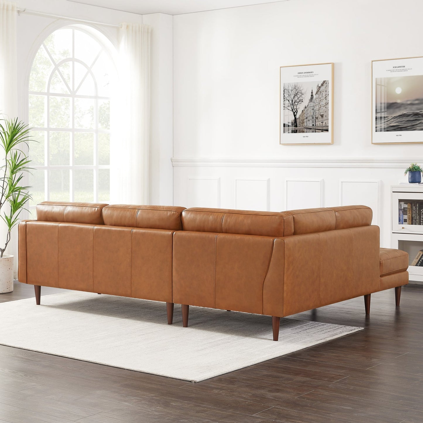 Lucco Cognac Modern L-Shaped Genuine Leather RAF Sectional