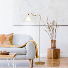 Load image into Gallery viewer, Majestic Brass Ring Base Curved Floor Lamp with Triangle White Drum Shade