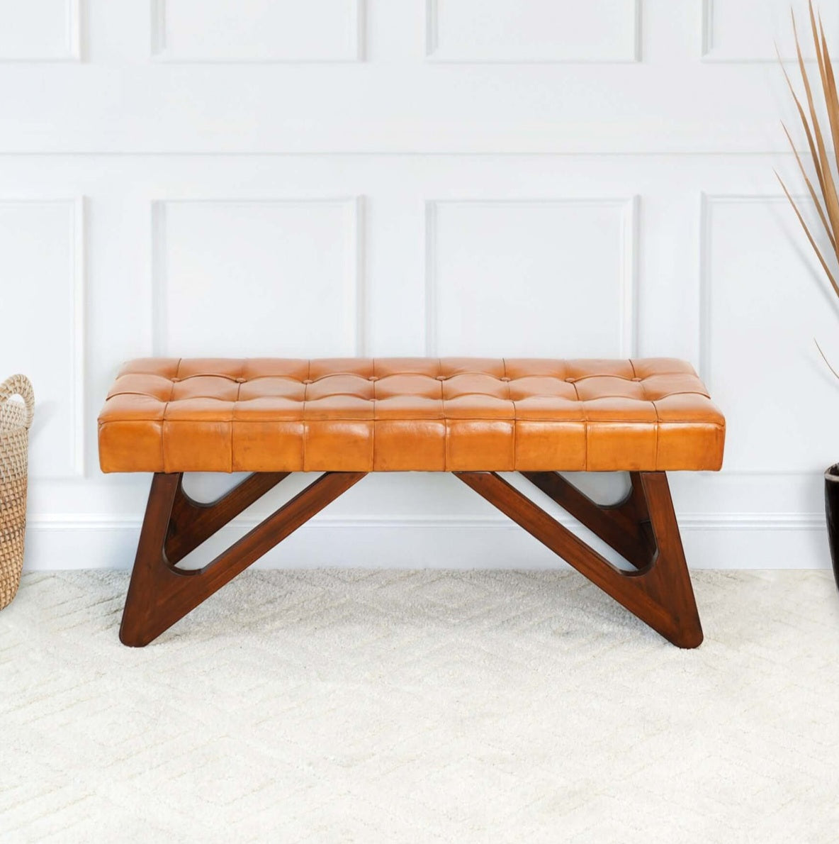 Mia Tan Leather Bench With Buttons