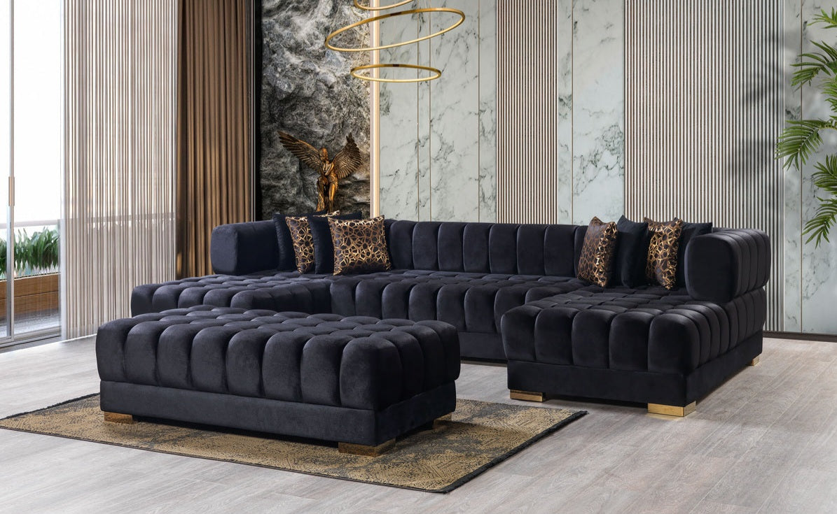 Ariana Velvet Black Double Chaise 138" Sectional