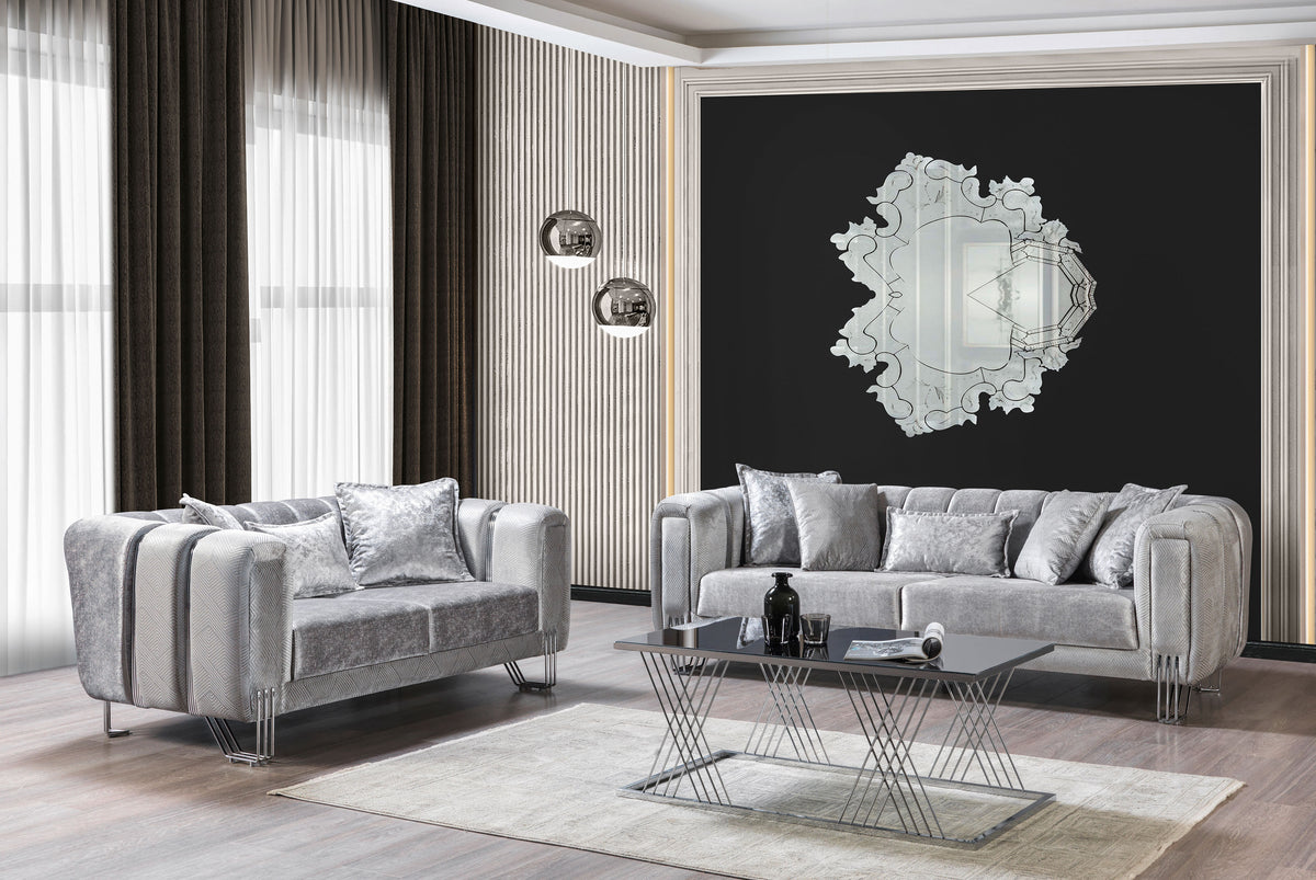 Santana Silver Velvet Sofa & Loveseat