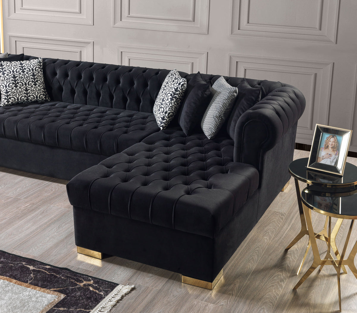 Lauren Velvet Black Double Chaise 136" Sectional