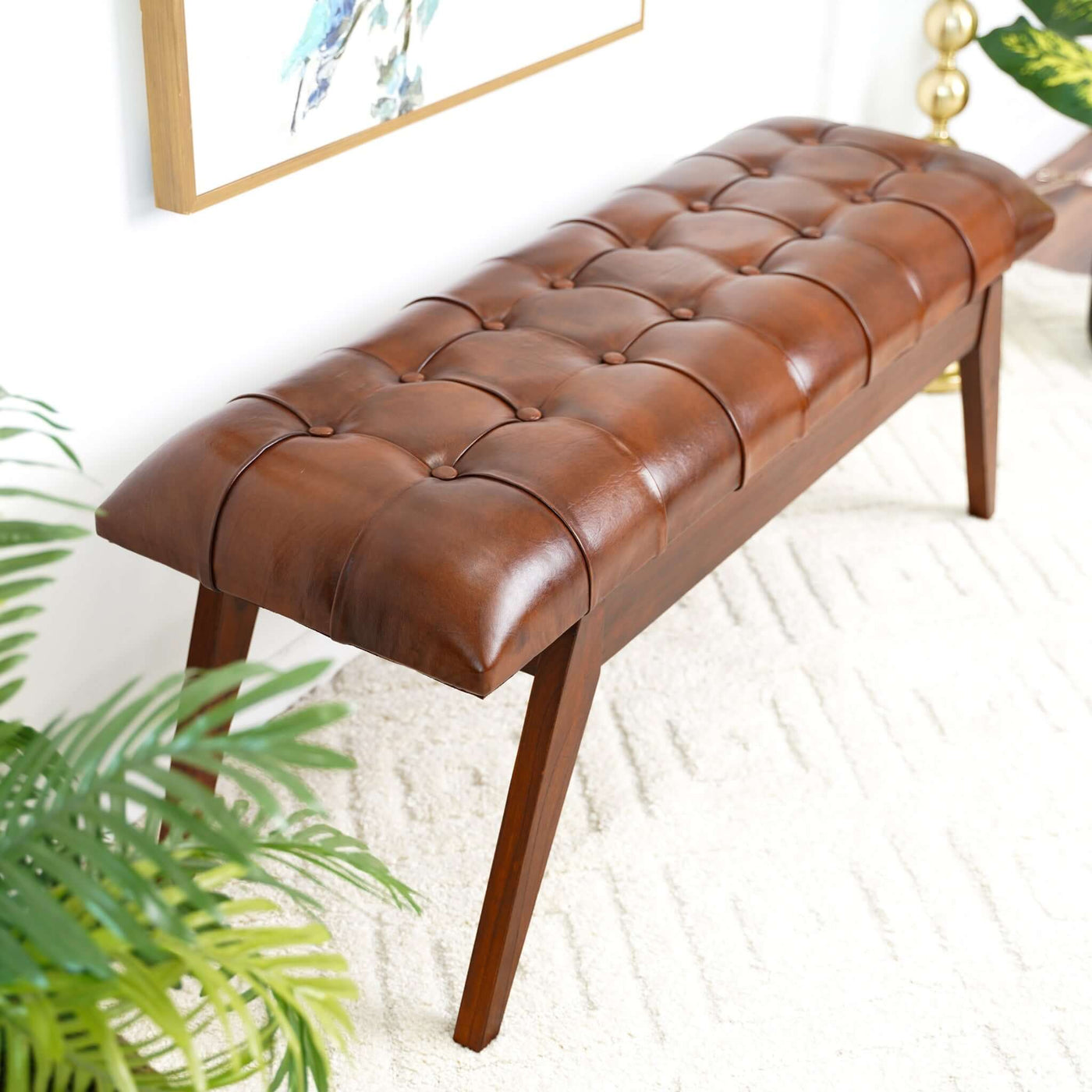 Maja Mid Century Modern Tan Leather Bench