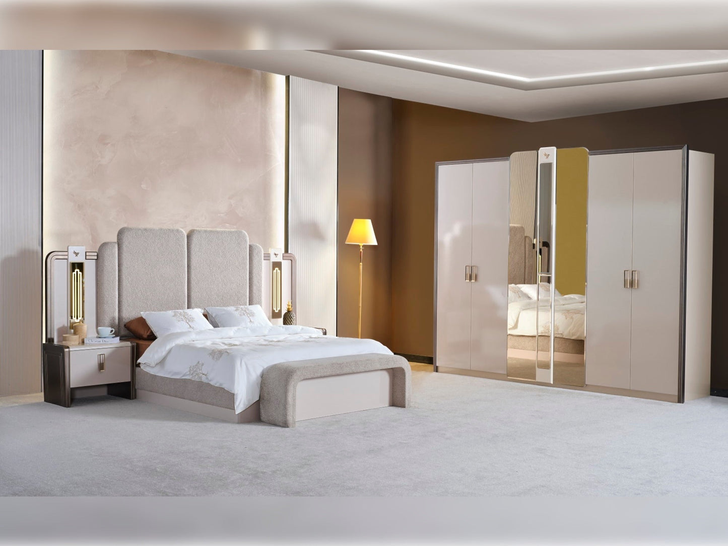 Nirvana Luxury Bedroom Set (Bed & Dresser With Mirror & Ottoman & 2 Nightstand With Back )