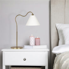 Load image into Gallery viewer, Ornate Brass Ring Base Curved Table Lamp with Triangle White Drum Shade